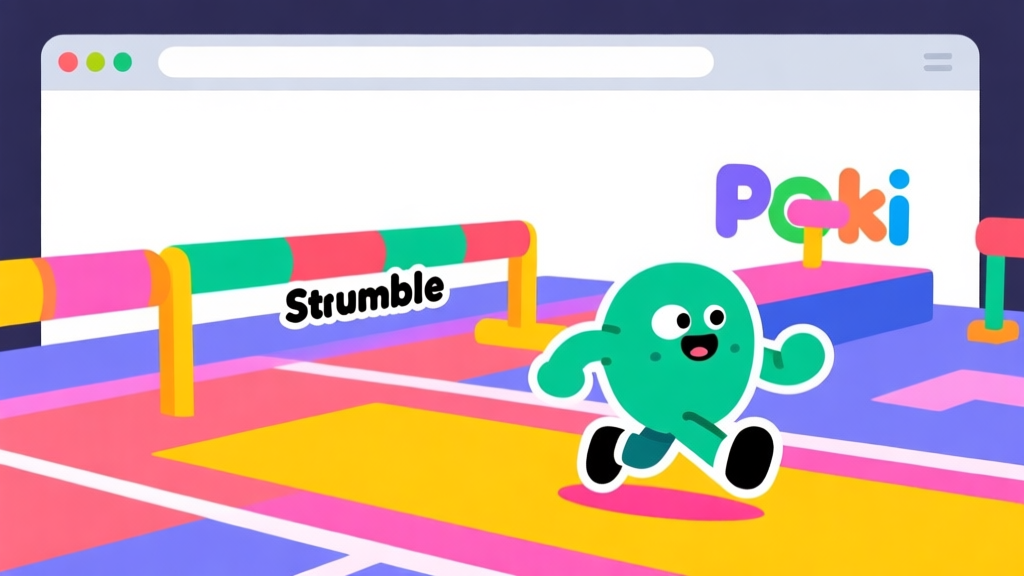 Ilustrasi minimalis karakter Stumble Guys yang lucu dan kikuk sedang berlomba di arena obstacle course berwarna-warni, dengan latar belakang platform browser Poki yang sederhana, gaya flat design, warna cerah namun tidak terlalu mencolok high quality illustration, detailed, 16:9