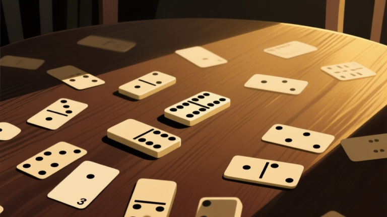 自动生成图片: Ilustrasi kartu domino berserakan di atas meja kayu dengan cahaya dramatis, beberapa kartu menampilkan angka kembar, suasana misterius dan sedikit abstrak, gaya minimalis dengan warna tanah dan emas high quality illustration, detailed, 16:9