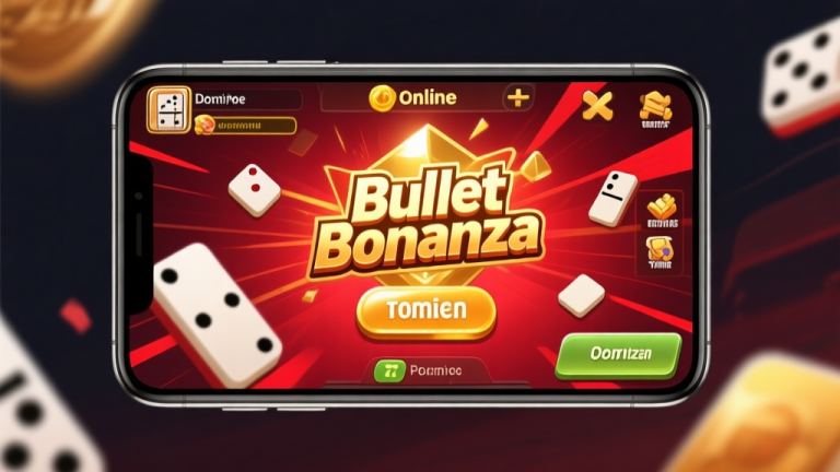自动生成图片: Ilustrasi antarmuka game domino online dengan highlight pada tombol atau area "Bullet Bonanza", warna emas dan merah, desain digital yang dinamis, gaya UI game mobile high quality illustration, detailed, 16:9
