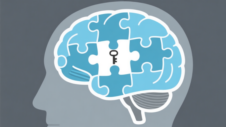 自动生成图片: Ilustrasi minimalis otak manusia dengan puzzle pieces dan kunci cahaya di dalamnya, skema warna biru muda dan abu-abu, gaya desain bersih, konsep pemecahan masalah high quality illustration, detailed, 16:9