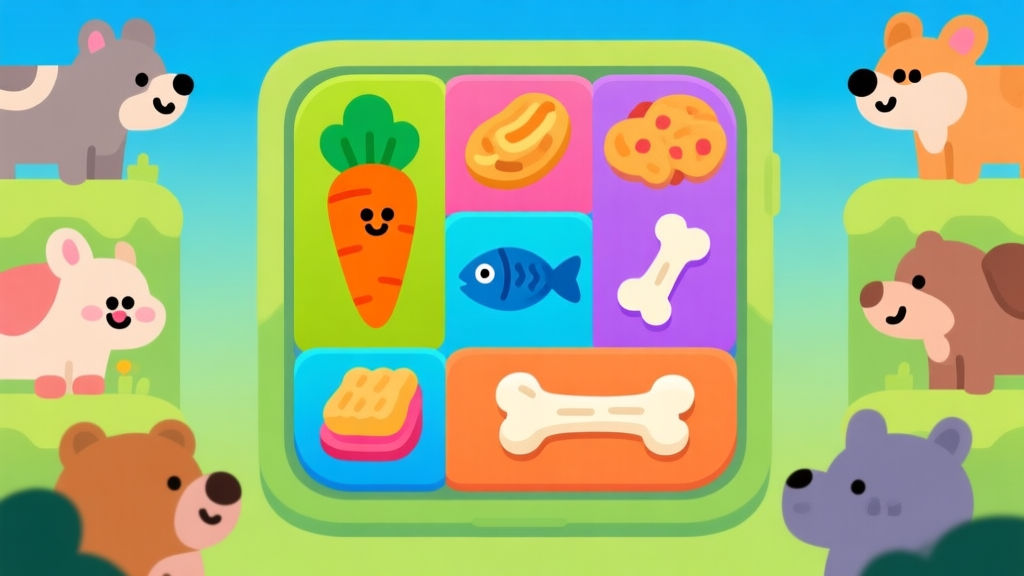 Ilustrasi game puzzle dengan ikon-ikon camilan animal (wortel, ikan, tulang) yang berwarna-warni dan lucu, dikelilingi oleh hewan-hewan kartun yang sedang menunggu, gaya visual yang cerah dan menyenangkan, desain minimalis game mobile high quality illustration, detailed, 16:9