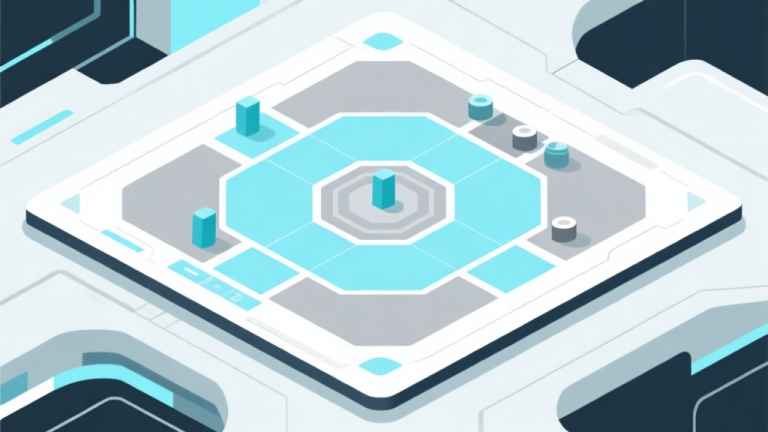 自动生成图片: Ilustrasi abstrak papan permainan strategi dengan bentuk geometris berwarna biru muda dan abu-abu, menunjukkan konsep area kontrol dan sumber daya, gaya minimalis bersih, nuansa futuristik ringan high quality illustration, detailed, 16:9