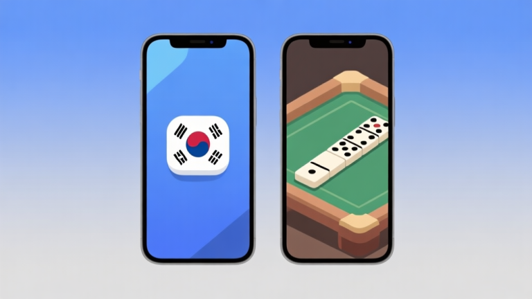 自动生成图片: Ilustrasi minimalis dua ponsel berdampingan, satu menampilkan antarmuka game dengan ikon bergaya Korea modern, satunya lagi menampilkan papan domino tradisional, dengan latar belakang gradien lembut biru dan abu-abu, desain bersih dan profesional high quality illustration, detailed, 16:9