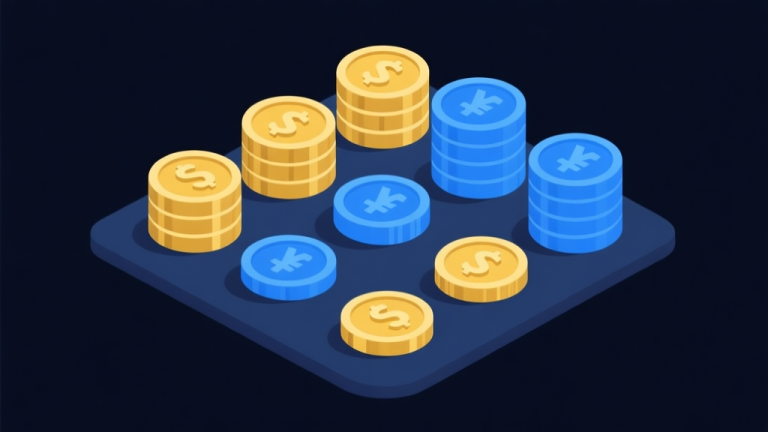 自动生成图片: Ilustrasi minimalis koin dan token game dengan warna biru dan emas, tersusun rapi di atas latar belakang gelap, gaya desain clean untuk konsep mata uang virtual high quality illustration, detailed, 16:9