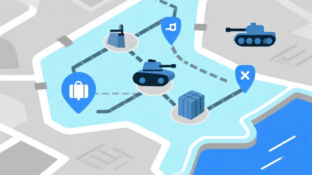 Ilustrasi minimalis peta strategi game dengan ikon pangkalan, jalur supply, dan simbol tank yang disederhanakan, skema warna biru muda dan abu-abu, desain bersih seperti diagram alur high quality illustration, detailed, 16:9