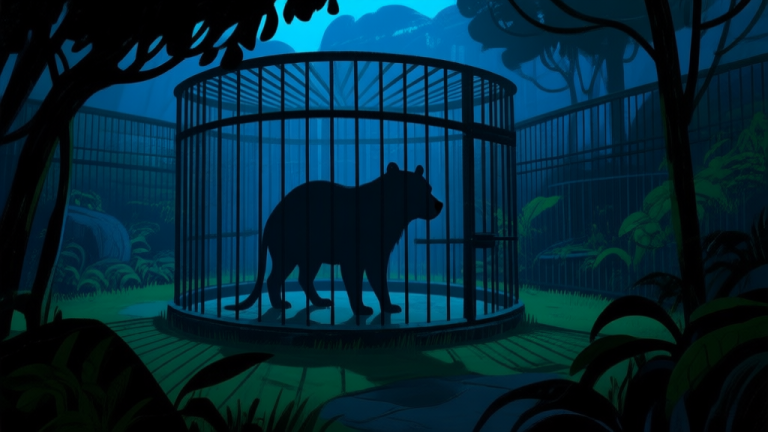 自动生成图片: Ilustrasi suasana mencekam di kebun binatang yang gelap dan sepi, dengan bayangan binatang yang terdistorsi di balik jeruji kandang, gaya artwork game horror indie, warna dominan biru tua dan hijau gelap, atmosfer misterius high quality illustration, detailed, 16:9