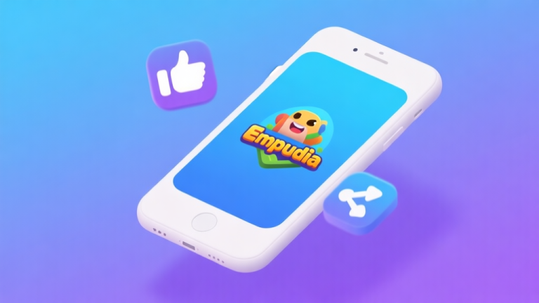自动生成图片: Ilustrasi minimalis layar ponsel dengan ikon game Empudia yang sedang viral, ditampilkan di atas latar belakang gradien biru dan ungu lembut, dengan simbol like dan share mengambang di sekitarnya, gaya desain bersih dan modern high quality illustration, detailed, 16:9