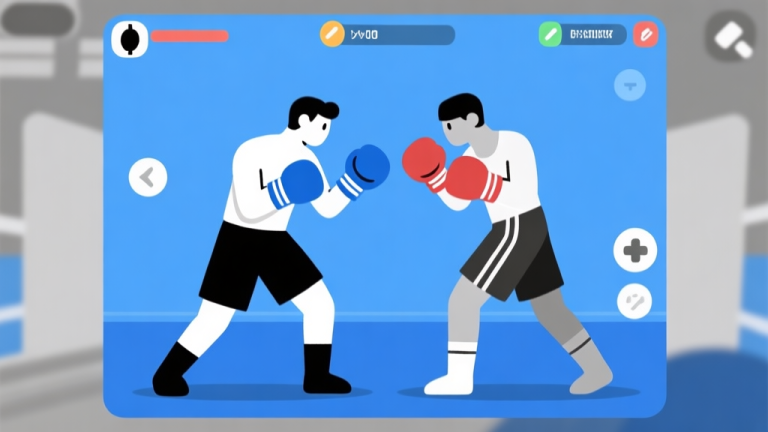 自动生成图片: Ilustrasi minimalis dua karakter game boxing dalam pose siap bertarung, dengan UI kontrol sederhana mengambang di sekitar mereka, skema warna biru dan abu-abu, gaya desain bersih, konsep tutorial game high quality illustration, detailed, 16:9