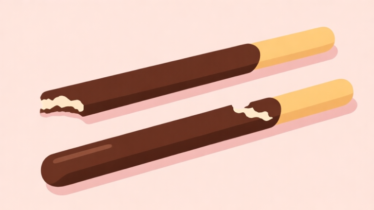 自动生成图片: Ilustrasi minimalis dua batang Pocky cokelat dengan gigitan di kedua ujungnya, latar belakang warna pastel lembut, gaya garis bersih, konsep permainan sosial sederhana high quality illustration, detailed, 16:9