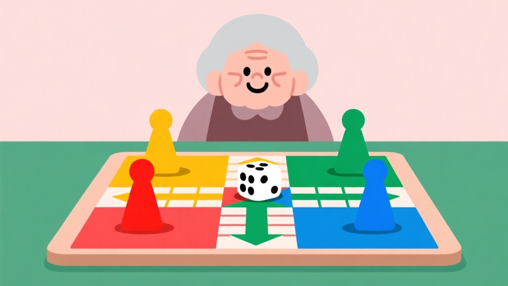 Ilustrasi minimalis papan permainan Ludo dengan empat bidak warna-warni cerah (merah, kuning, hijau, biru) dan sebuah dadu di tengah, dengan siluet karakter kartun lucu bergaya nenek-nenek di latar belakang, warna pastel, gaya flat design high quality illustration, detailed, 16:9