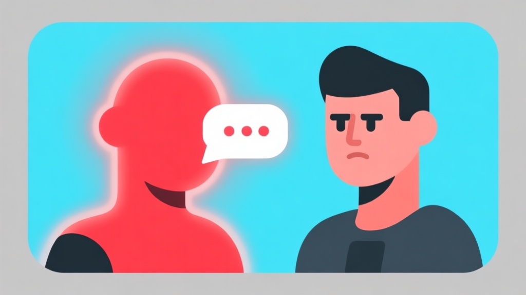 Ilustrasi grafis minimalis dua avatar game abstrak, satu dengan aura merah marah mengirimkan simbol chat, yang lain dengan ekspresi netral, latar belakang biru muda dan abu-abu, gaya desain bersih untuk konsep komunikasi game online high quality illustration, detailed, 16:9