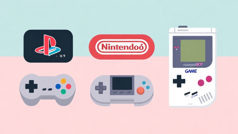 自动生成图片: Ilustrasi minimalis beberapa ikon konsol game retro seperti PlayStation, Nintendo, dan Game Boy yang tersusun rapi di atas latar belakang pastel yang lembut, gaya desain bersih dan modern high quality illustration, detailed, 16:9