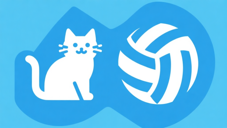 自动生成图片: Ilustrasi minimalis dengan ikon kucing dan bola voli yang disederhanakan, skema warna biru muda dan putih, gaya desain bersih, konsep komunitas game high quality illustration, detailed, 16:9