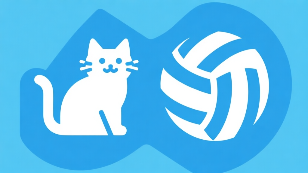 Ilustrasi minimalis dengan ikon kucing dan bola voli yang disederhanakan, skema warna biru muda dan putih, gaya desain bersih, konsep komunitas game high quality illustration, detailed, 16:9