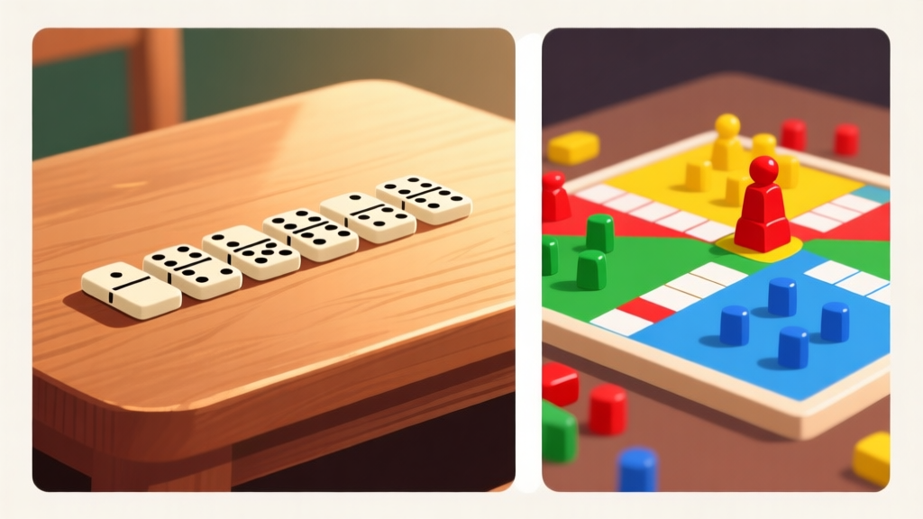 Ilustrasi dua sisi yang kontras: satu sisi menampilkan kartu domino berjajar rapi di atas meja kayu dengan pencahayaan hangat, sisi lain menampilkan papan Ludo berwarna cerah dengan bidak-bidak merah, kuning, hijau, biru. Gaya minimalis, clean, dengan komposisi seimbang. high quality illustration, detailed, 16:9