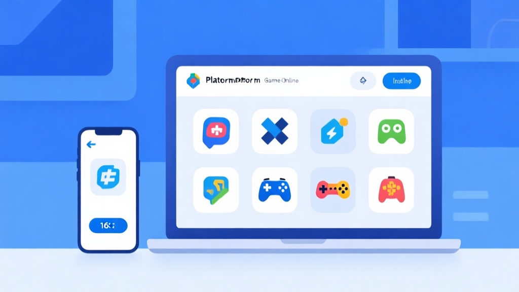 Ilustrasi antarmuka platform game online modern dengan ikon berbagai jenis game, skema warna biru dan putih yang bersih, desain minimalis, terlihat di layar smartphone dan laptop high quality illustration, detailed, 16:9