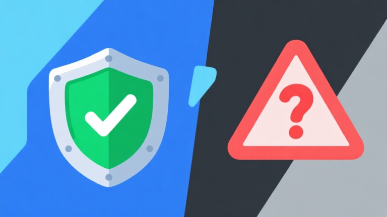自动生成图片: Ilustrasi digital yang menunjukkan kontras antara sisi terang dan gelap game online. Di satu sisi, ikon perisai dan centang hijau melambangkan keamanan. Di sisi lain, ikon tanda tanya merah dan simbol peringatan. Gaya minimalis, skema warna biru dan abu-abu, desain clean untuk artikel panduan high quality illustration, detailed, 16:9