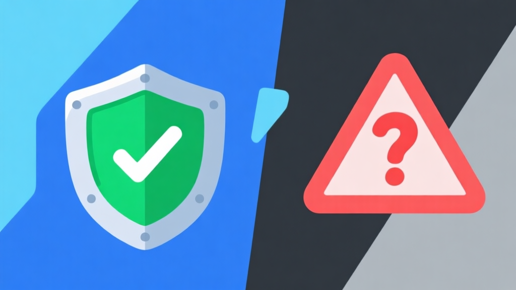 Ilustrasi digital yang menunjukkan kontras antara sisi terang dan gelap game online. Di satu sisi, ikon perisai dan centang hijau melambangkan keamanan. Di sisi lain, ikon tanda tanya merah dan simbol peringatan. Gaya minimalis, skema warna biru dan abu-abu, desain clean untuk artikel panduan high quality illustration, detailed, 16:9