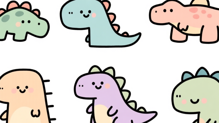 自动生成图片: Ilustrasi minimalis beberapa avatar game dengan tema dinosaurus doodle yang lucu dan sederhana, latar belakang putih bersih, gaya garis tangan, warna-warna pastel lembut high quality illustration, detailed, 16:9
