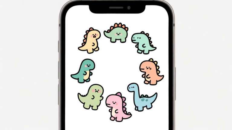 自动生成图片: Ilustrasi berbagai avatar doodle dinosaurus imut dengan ekspresi berbeda, ditempatkan melingkar di layar ponsel, gaya kartun sederhana dengan warna pastel, latar belakang putih bersih high quality illustration, detailed, 16:9