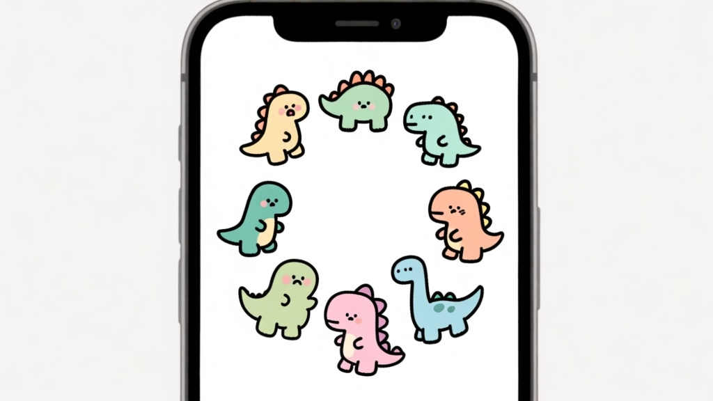 Ilustrasi berbagai avatar doodle dinosaurus imut dengan ekspresi berbeda, ditempatkan melingkar di layar ponsel, gaya kartun sederhana dengan warna pastel, latar belakang putih bersih high quality illustration, detailed, 16:9