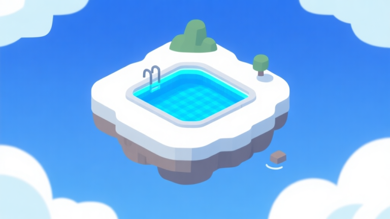 自动生成图片: Ilustrasi minimalis sebuah pulau kecil mengambang di langit dengan kolam bercahaya biru di tengahnya, desain bersih, skema warna biru dan putih, gaya konsep game high quality illustration, detailed, 16:9