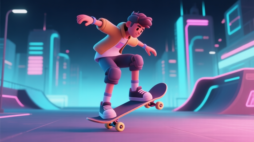 Ilustrasi digital karakter game skateboard sedang melakukan trick di atas papan di lingkungan urban futuristik, dengan warna neon yang soft dan gaya grafis 3D yang bersih, latar belakang kota malam yang minimalis high quality illustration, detailed, 16:9