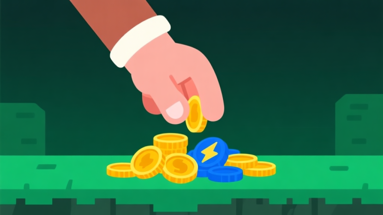 自动生成图片: Ilustrasi minimalis tangan game bergaya kartun sedang mengumpulkan koin emas dan power-up berwarna biru di atas latar belakang hijau gelap, desain bersih, gaya game kasual high quality illustration, detailed, 16:9