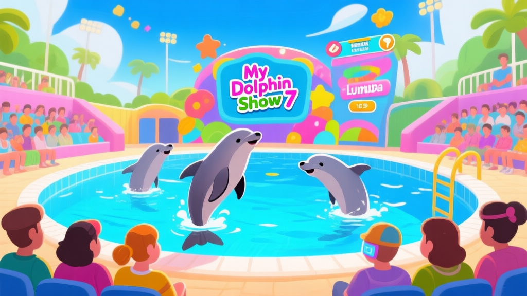 Ilustrasi antarmuka game My Dolphin Show 7 yang ceria dan berwarna-warni, menunjukkan lumba-lumba sedang melakukan atraksi di kolam utama dengan penonton virtual, gaya seni digital yang cerah dan ramah, komposisi yang bersih high quality illustration, detailed, 16:9
