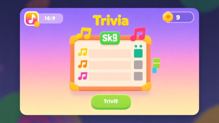 自动生成图片: Ilustrasi antarmuka game trivia yang ceria dan penuh warna, dengan ikon musik dan papan skor, gaya kartun yang bersih dan minimalis, latar belakang gradien lembut high quality illustration, detailed, 16:9
