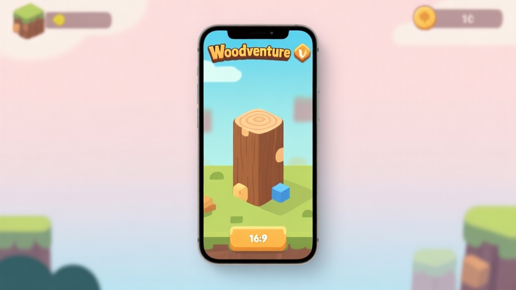 Ilustrasi minimalis antarmuka game Woodventure, menunjukkan balok kayu dan puzzle sederhana di layar ponsel, latar belakang pastel lembut, gaya desain bersih dan modern high quality illustration, detailed, 16:9