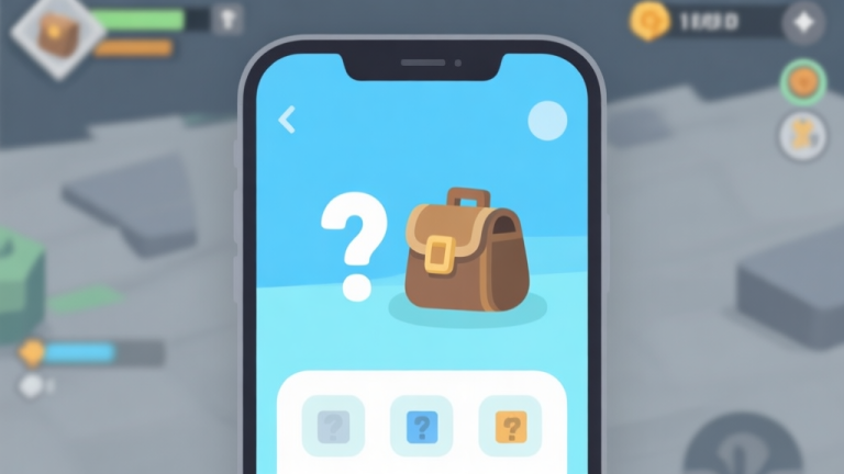 自动生成图片: Ilustrasi minimalis antarmuka game seluler dengan ikon item kecil bertanda tanya di samping tas inventory, skema warna biru muda dan abu-abu, desain bersih, gaya infografis high quality illustration, detailed, 16:9