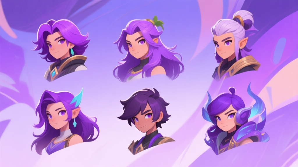 Ilustrasi karakter game dengan berbagai gaya rambut ungu, dari yang natural hingga fantastis, dengan latar belakang abstrak berwarna ungu lembut, gaya seni digital game mobile high quality illustration, detailed, 16:9