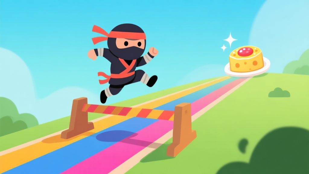 Ilustrasi minimalis karakter ninja kecil sedang melompati rintangan di jalur berwarna-warni, dengan keju bersinar di kejauhan, gaya flat design yang bersih dan cerah, cocok untuk game seluler high quality illustration, detailed, 16:9