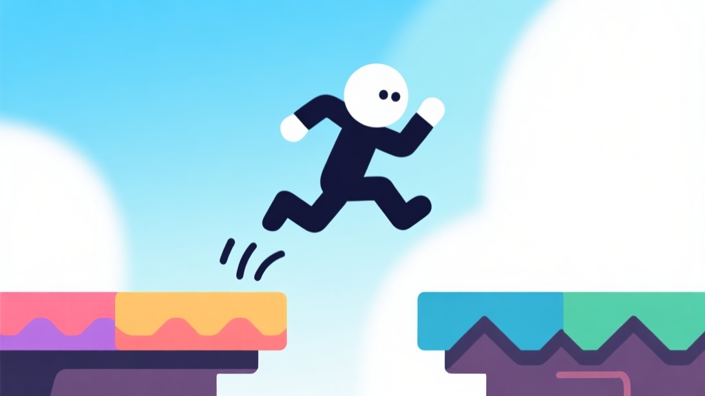 Ilustrasi minimalis karakter game sederhana sedang melompati platform berwarna-warni, latar belakang lembut dengan gradasi biru muda dan putih, gaya desain bersih dan modern, cocok untuk panduan pemula high quality illustration, detailed, 16:9