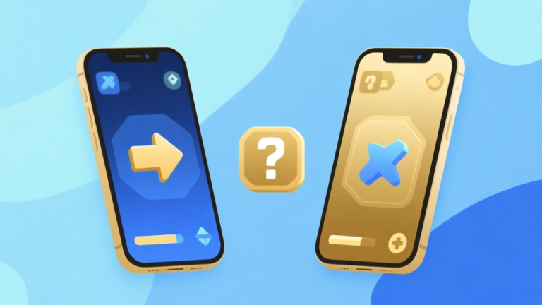 自动生成图片: Ilustrasi abstrak dua ponsel berdampingan menampilkan layar game yang berbeda, dengan ikon panah dan tanda tanya di antaranya, skema warna biru muda dan emas, desain minimal bersih, gaya infografis perbandingan high quality illustration, detailed, 16:9