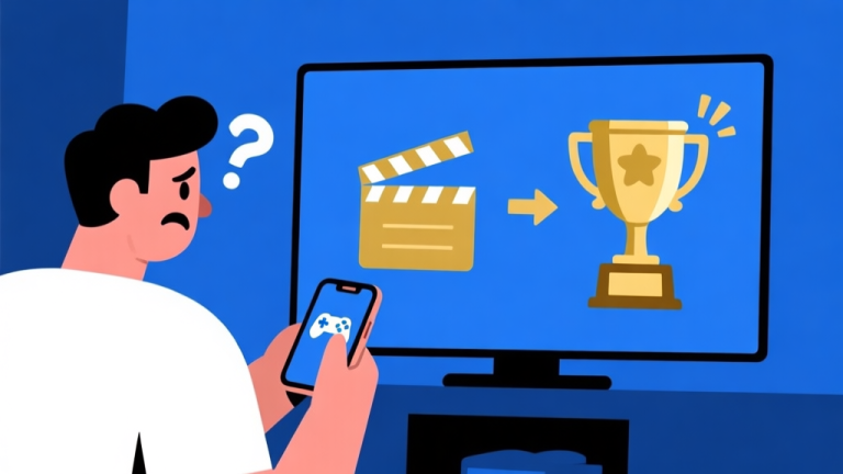 自动生成图片: Ilustrasi grafis minimalis seorang pemain game di depan layar ponsel dengan ikon film dan piala, ekspresi bingung berubah menjadi percaya diri, skema warna biru dan emas, gaya flat design high quality illustration, detailed, 16:9