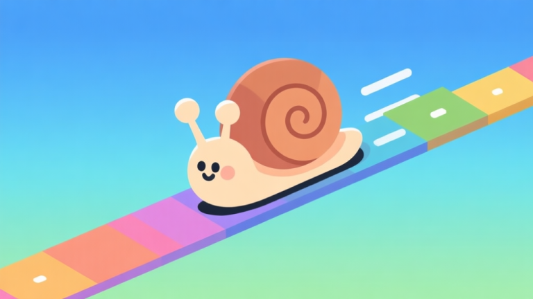 自动生成图片: Ilustrasi minimalis dengan karakter siput kartun yang sedang meluncur di trek berwarna-warni, latar belakang gradient biru muda dan hijau, gaya desain bersih, menampilkan elemen platformer sederhana high quality illustration, detailed, 16:9