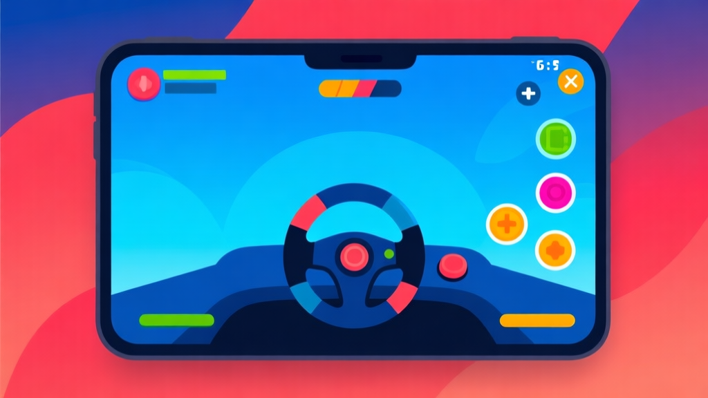 Ilustrasi minimalis layar game dengan setir virtual dan beberapa tombol aksi berwarna cerah di sisi layar, latar belakang abstrak dengan gradien biru dan merah, gaya flat design yang bersih high quality illustration, detailed, 16:9