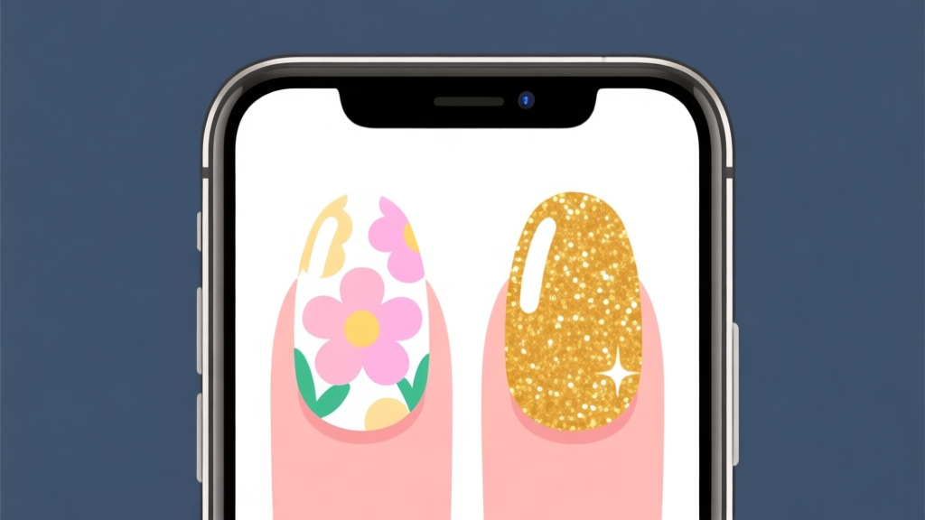 Ilustrasi layar ponsel dengan dua desain nail art yang kontras, satu dengan pola bunga pastel dan satu dengan glitter emas, latar belakang bersih, gaya flat design yang cerah dan menarik high quality illustration, detailed, 16:9