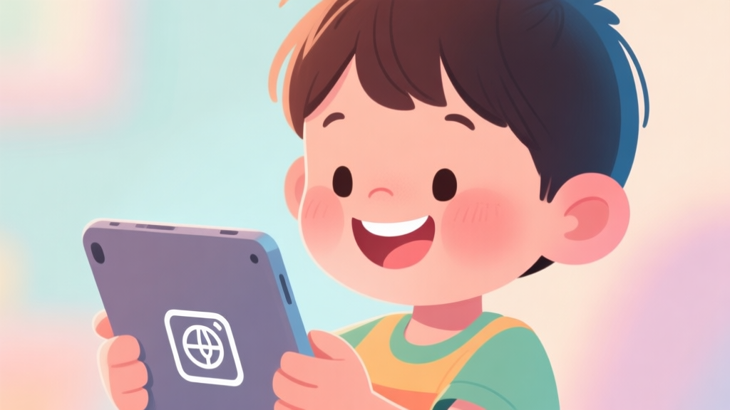 Ilustrasi kartun yang cerah dan ramah anak, menunjukkan karakter anak kecil yang tersenyum sedang melihat tablet dengan ikon game olahraga sederhana di layarnya. Latar belakang lembut dengan warna-warna pastel, gaya yang menyenangkan dan aman untuk anak-anak. high quality illustration, detailed, 16:9