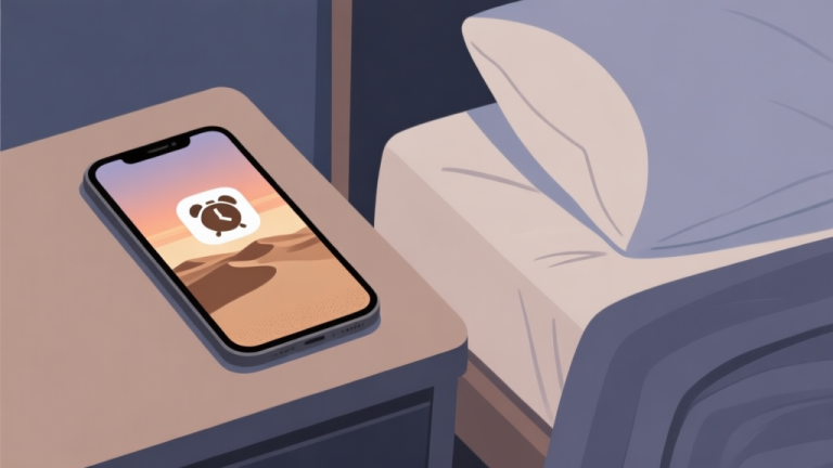 自动生成图片: Ilustrasi minimalis dengan ponsel di atas meja samping tempat tidur, layarnya menampilkan ikon aplikasi alarm dengan desain gurun yang sederhana, warna tanah dan langit senja yang lembut, nuansa tenang dan profesional high quality illustration, detailed, 16:9