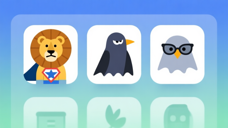 自动生成图片: Komposisi ilustrasi minimalis dengan ikon hewan heroik (seperti singa dengan mantel, burung hantu dengan kacamata) tersusun rapi seperti pilihan di menu, latar belakang gradient lembut, nuansa biru dan hijau yang tenang, gaya desain bersih high quality illustration, detailed, 16:9