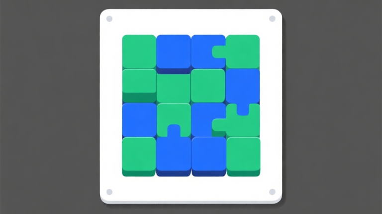 自动生成图片: Ilustrasi minimalis dari papan permainan puzzle abstrak dengan balok-balok berwarna biru dan hijau yang tersusun rapi, latar belakang putih bersih, gaya desain sederhana dan modern high quality illustration, detailed, 16:9