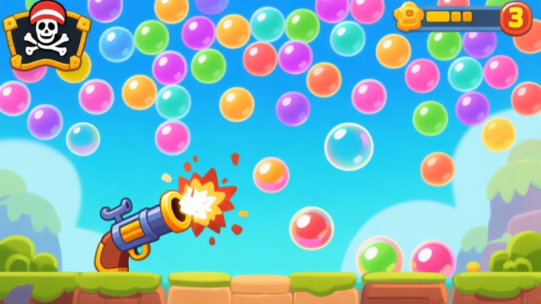 自动生成图片: Ilustrasi gameplay Bubble Pirate 3 yang menunjukkan layar penuh dengan gelembung warna-warni, sebuah meriam di bagian bawah, dan beberapa gelembung yang meledak, dengan gaya seni game mobile yang cerah dan bersih high quality illustration, detailed, 16:9