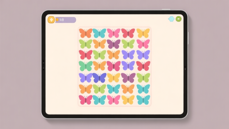 自动生成图片: Ilustrasi minimalis layar game puzzle dengan pola kupu-kupu yang berwarna-warni tersusun rapi, latar belakang lembut, gaya clean dan terorganisir, menampilkan konsep penyelesaian masalah yang tenang high quality illustration, detailed, 16:9