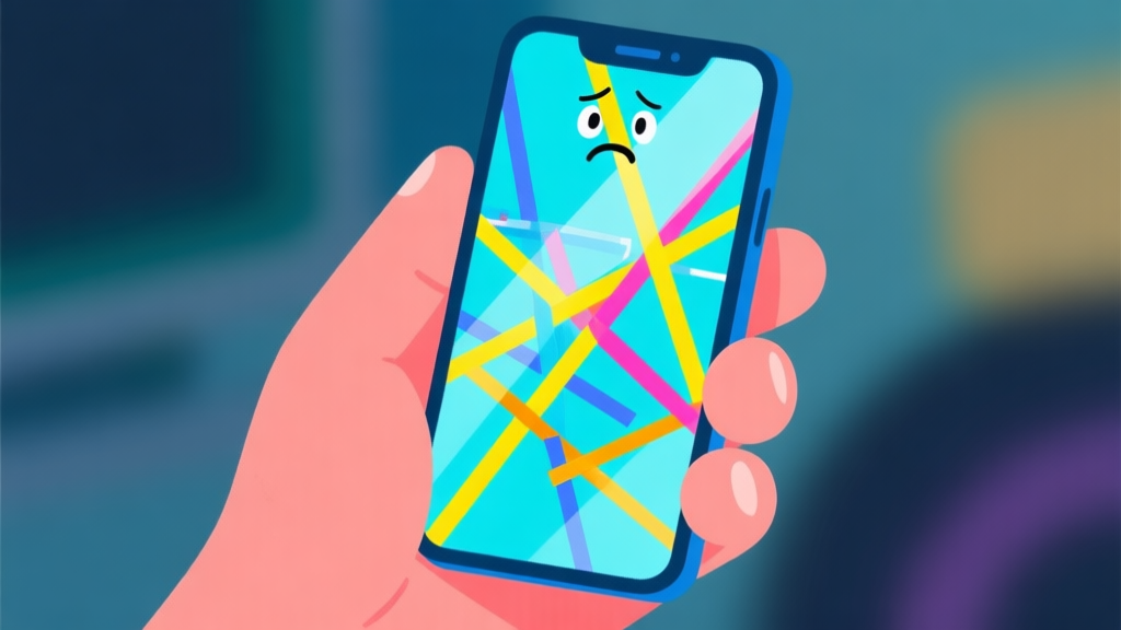 Ilustrasi digital yang menunjukkan tangan memegang ponsel dengan game puzzle garis di layar, beberapa garis berwarna cerah saling bersilangan dan membentuk kekacauan, ekspresi bingung terlihat samar-samar pada refleksi layar, gaya flat design dengan warna utama biru muda dan kuning, latar belakang blur. high quality illustration, detailed, 16:9