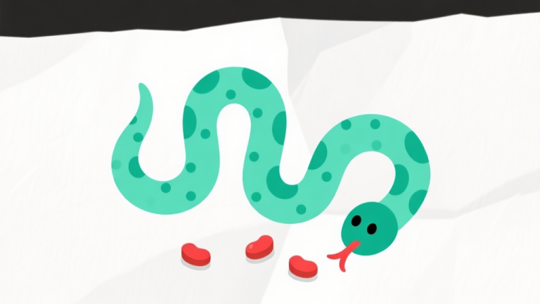 自动生成图片: Ilustrasi minimalis layar permainan Ular Kertas dengan ular berwarna hijau muda dan titik-titik makanan berwarna merah di atas latar belakang kertas tekstur putih, gaya flat design yang bersih high quality illustration, detailed, 16:9