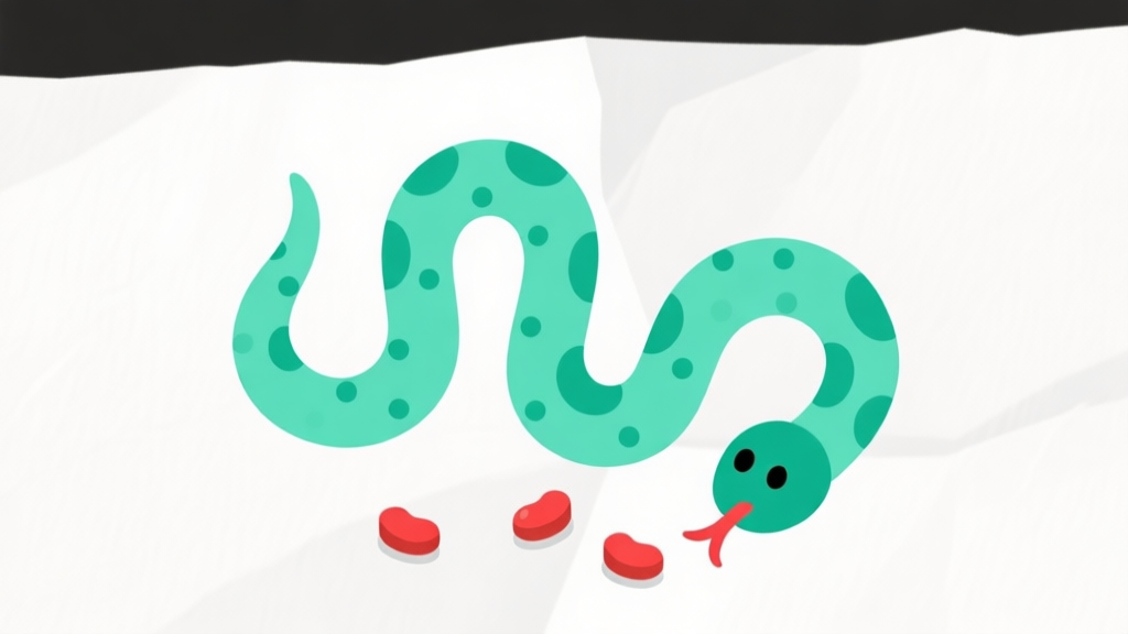 Ilustrasi minimalis layar permainan Ular Kertas dengan ular berwarna hijau muda dan titik-titik makanan berwarna merah di atas latar belakang kertas tekstur putih, gaya flat design yang bersih high quality illustration, detailed, 16:9