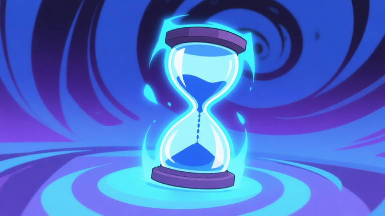 自动生成图片: Ilustrasi karakter game bergaya anime dengan jam pasir dan efek cahaya biru di sekelilingnya, berdiri di antara latar belakang abstrak yang menyerupai vortex waktu, desain minimalis dengan warna dominan biru dan ungu high quality illustration, detailed, 16:9